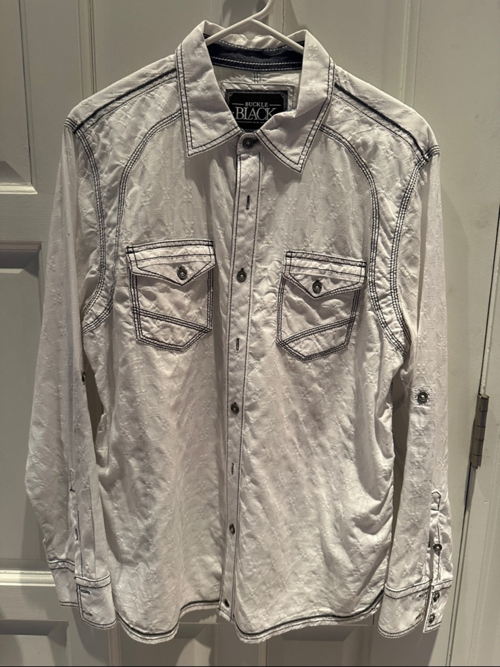 Buckle White Button-Down Casual Shirt with Black Contrast Stitching